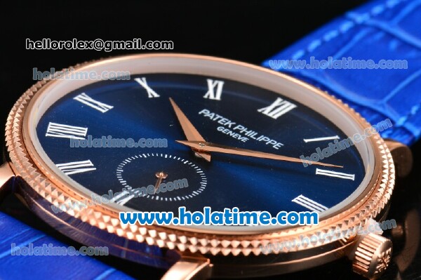 Patek Philippe Calatrava Miyota Quartz Rose Gold Case with Roman Numeral Markers and Blue Dial - Click Image to Close